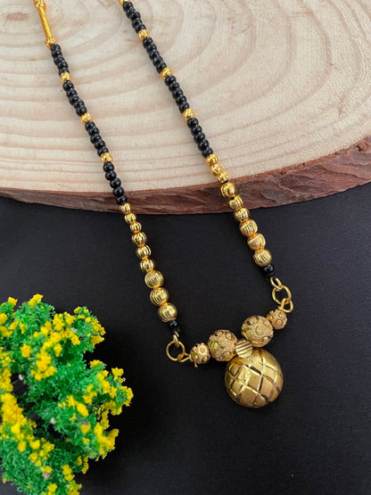 Short Mangalsutra Big Single Vati Pendant Gold Plated & Black Beads For Women