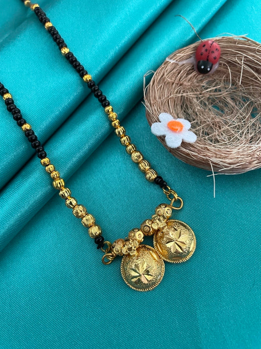 Short Mangalsutra 2 Vati Pendant Gold Plated & Black Beads Chain For Women