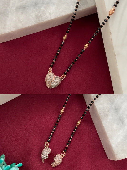 Short American Diamond Rose Gold Mangalsutra Heart Pendant Black Beads Chain