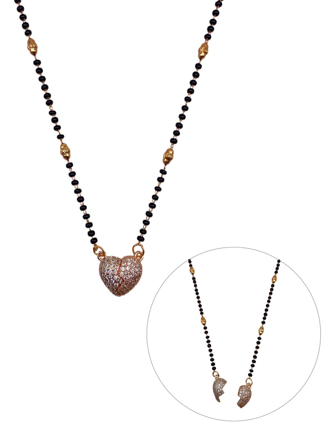 Short American Diamond Rose Gold Mangalsutra Heart Pendant Black Beads Chain