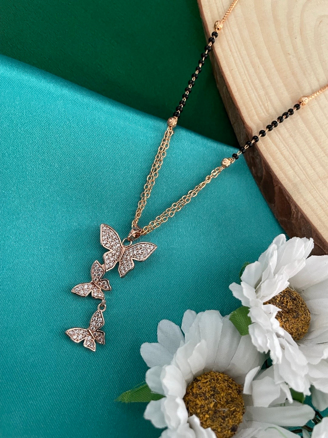 Short American Diamond Rose Gold Mangalsutra Butterfly Pendant Black Beads Chain