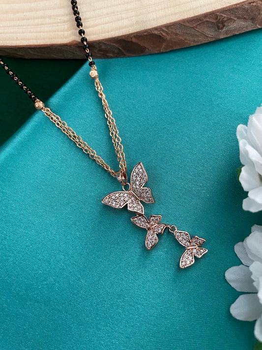 Short American Diamond Rose Gold Mangalsutra Butterfly Pendant Black Beads Chain