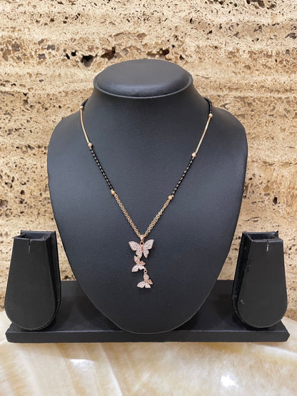 Short American Diamond Rose Gold Mangalsutra Butterfly Pendant Black Beads Chain