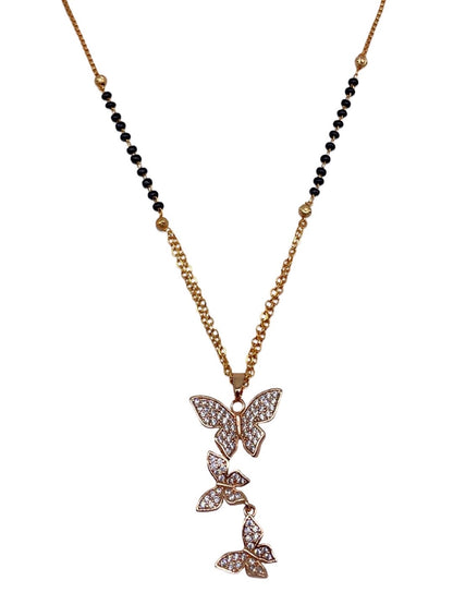 Short American Diamond Rose Gold Mangalsutra Butterfly Pendant Black Beads Chain