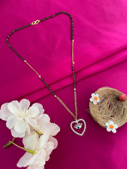 Short AD Rose Gold Mangalsutra Heart & Evil Eye Pendant Black Beads Chain