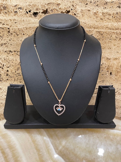 Short AD Rose Gold Mangalsutra Heart & Evil Eye Pendant Black Beads Chain