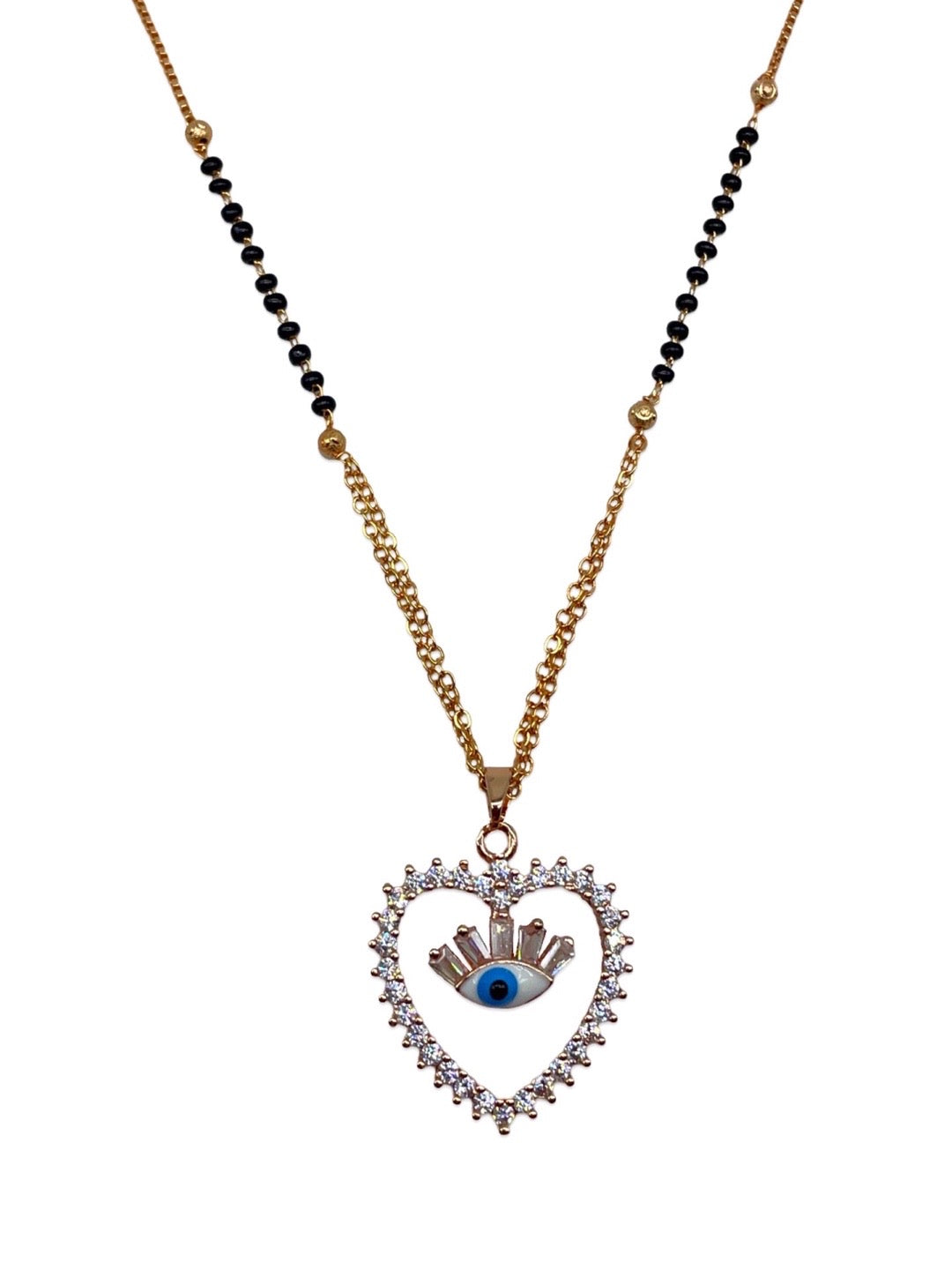 Short AD Rose Gold Mangalsutra Heart & Evil Eye Pendant Black Beads Chain