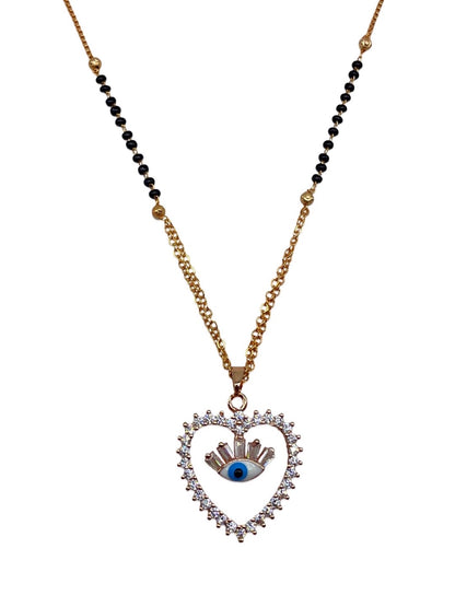 Short AD Rose Gold Mangalsutra Heart & Evil Eye Pendant Black Beads Chain