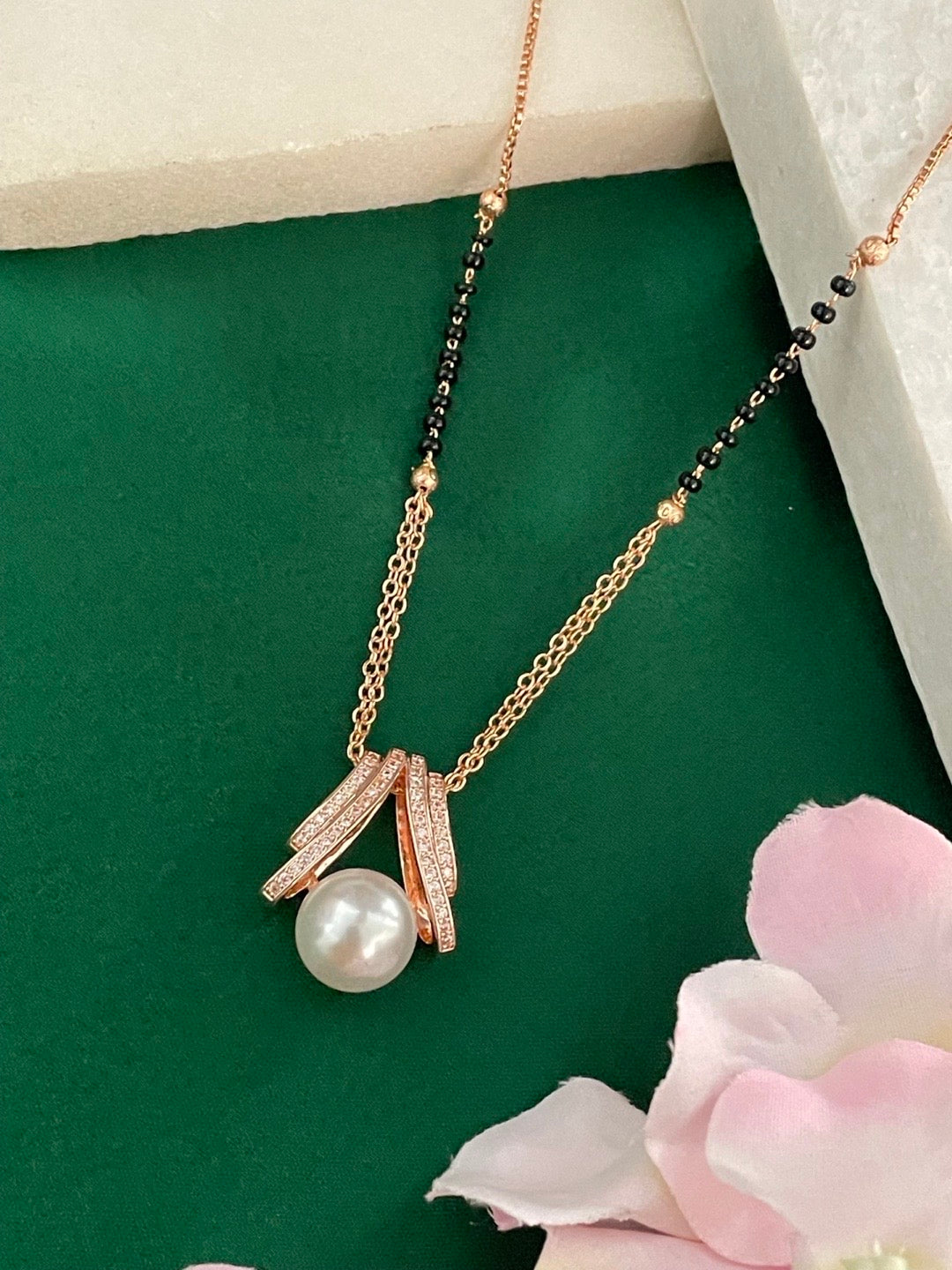 Short American Diamond Rose Gold Mangalsutra Pearl Pendant Black Beads Chain