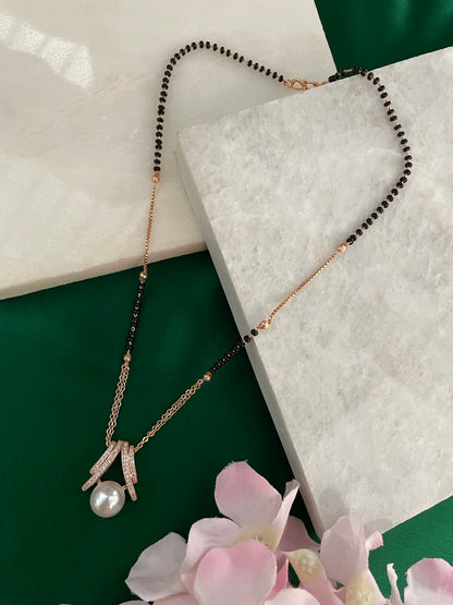 Short American Diamond Rose Gold Mangalsutra Pearl Pendant Black Beads Chain