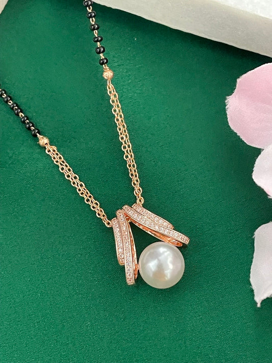 Short American Diamond Rose Gold Mangalsutra Pearl Pendant Black Beads Chain