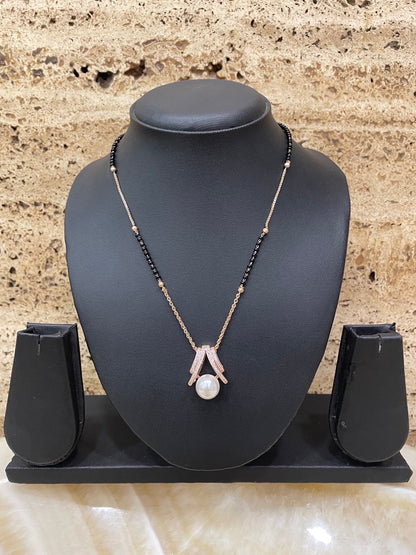 Short American Diamond Rose Gold Mangalsutra Pearl Pendant Black Beads Chain