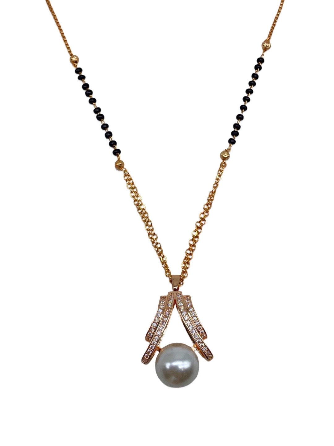 Short American Diamond Rose Gold Mangalsutra Pearl Pendant Black Beads Chain