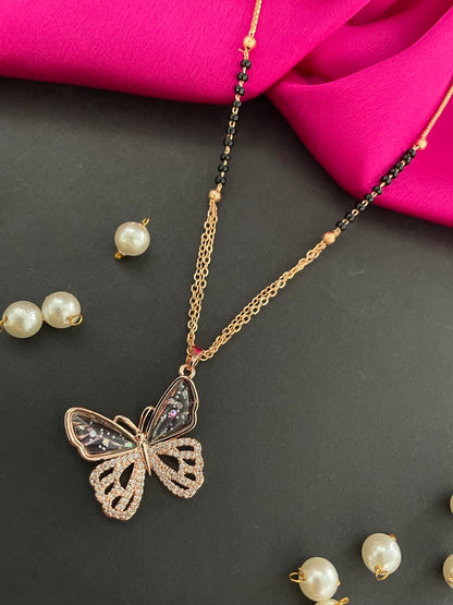 Short American Diamond Rose Gold Mangalsutra Butterfly Pendant Black Beads Chain