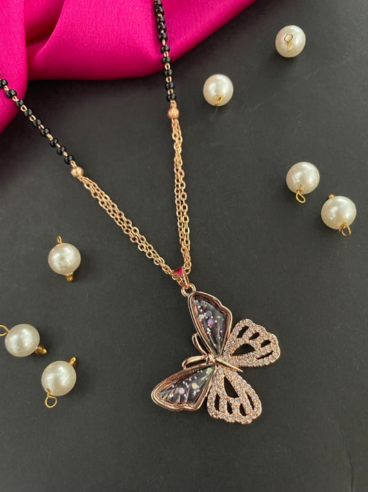 Short American Diamond Rose Gold Mangalsutra Butterfly Pendant Black Beads Chain
