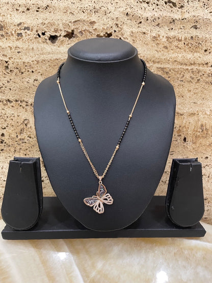 Short American Diamond Rose Gold Mangalsutra Butterfly Pendant Black Beads Chain