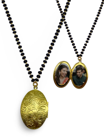 Big Oval Shape Photo-Frame Mangalsutra Open Locket Gold & Black Beads Chain