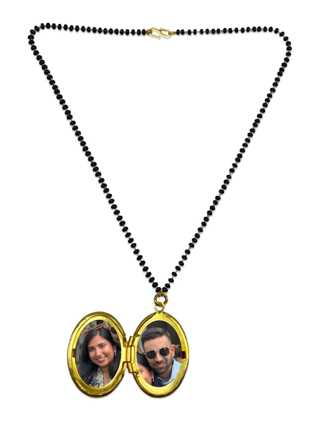 Big Oval Shape Photo-Frame Mangalsutra Open Locket Gold & Black Beads Chain