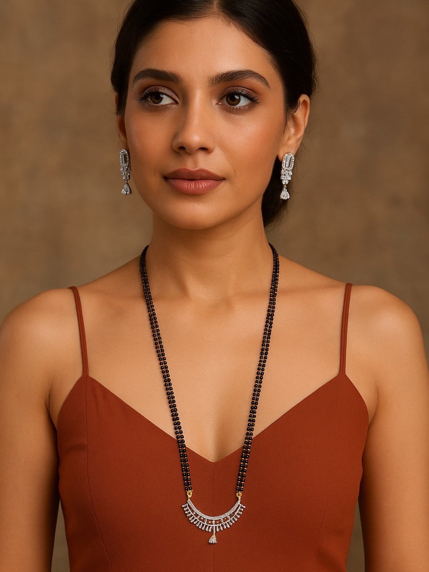 American Diamond Curve Pendant Long Mangalsutra Set