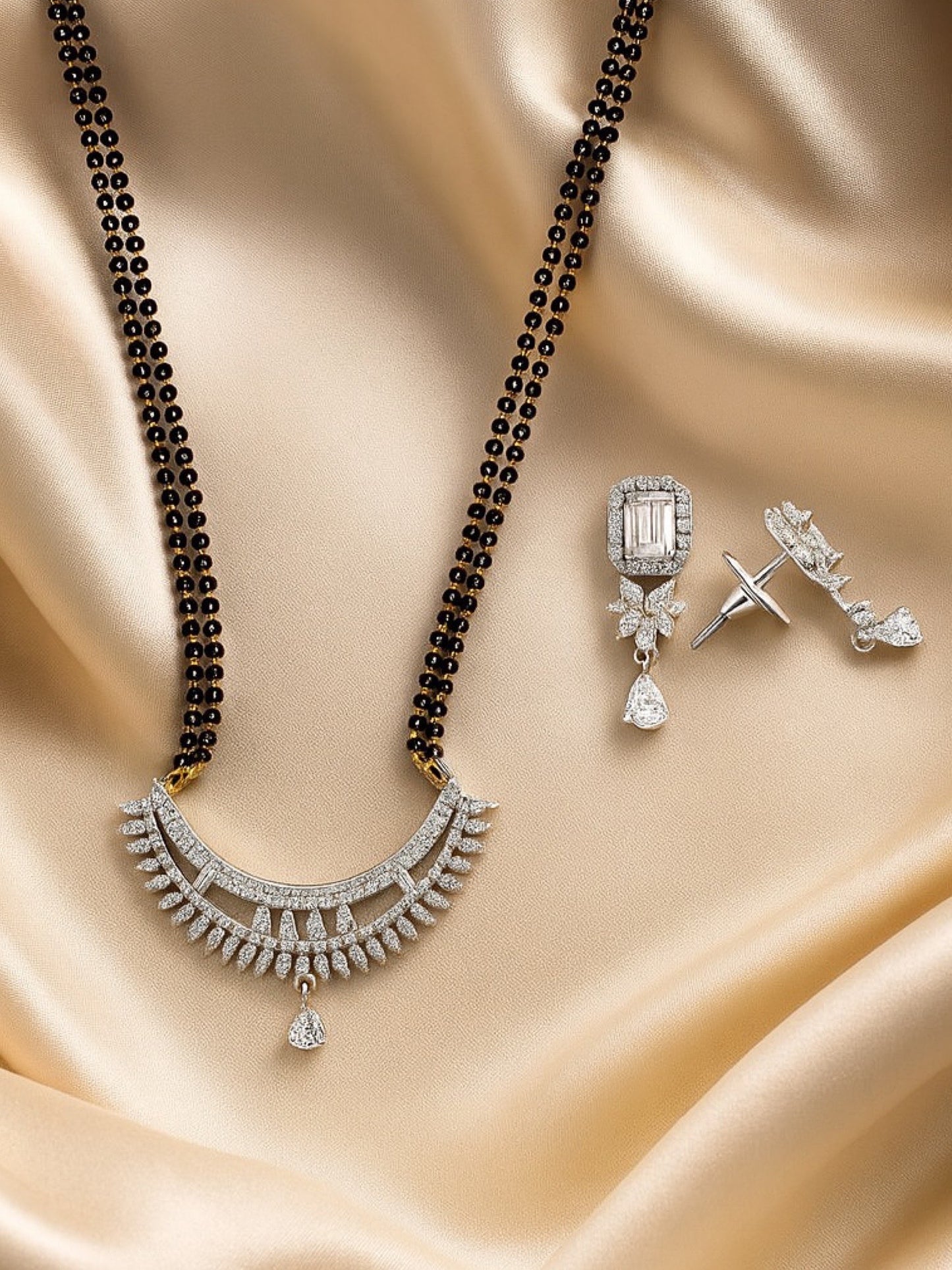 American Diamond Curve Pendant Long Mangalsutra Set