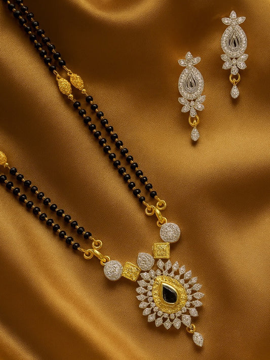 American Diamond Flower Pendant Long Mangalsutra Set