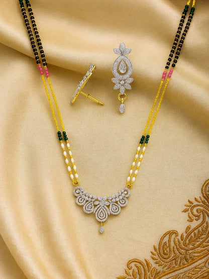 American Diamond Leaf Pendant Long Mangalsutra Set