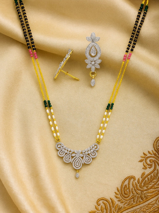 American Diamond Leaf Pendant Long Mangalsutra Set