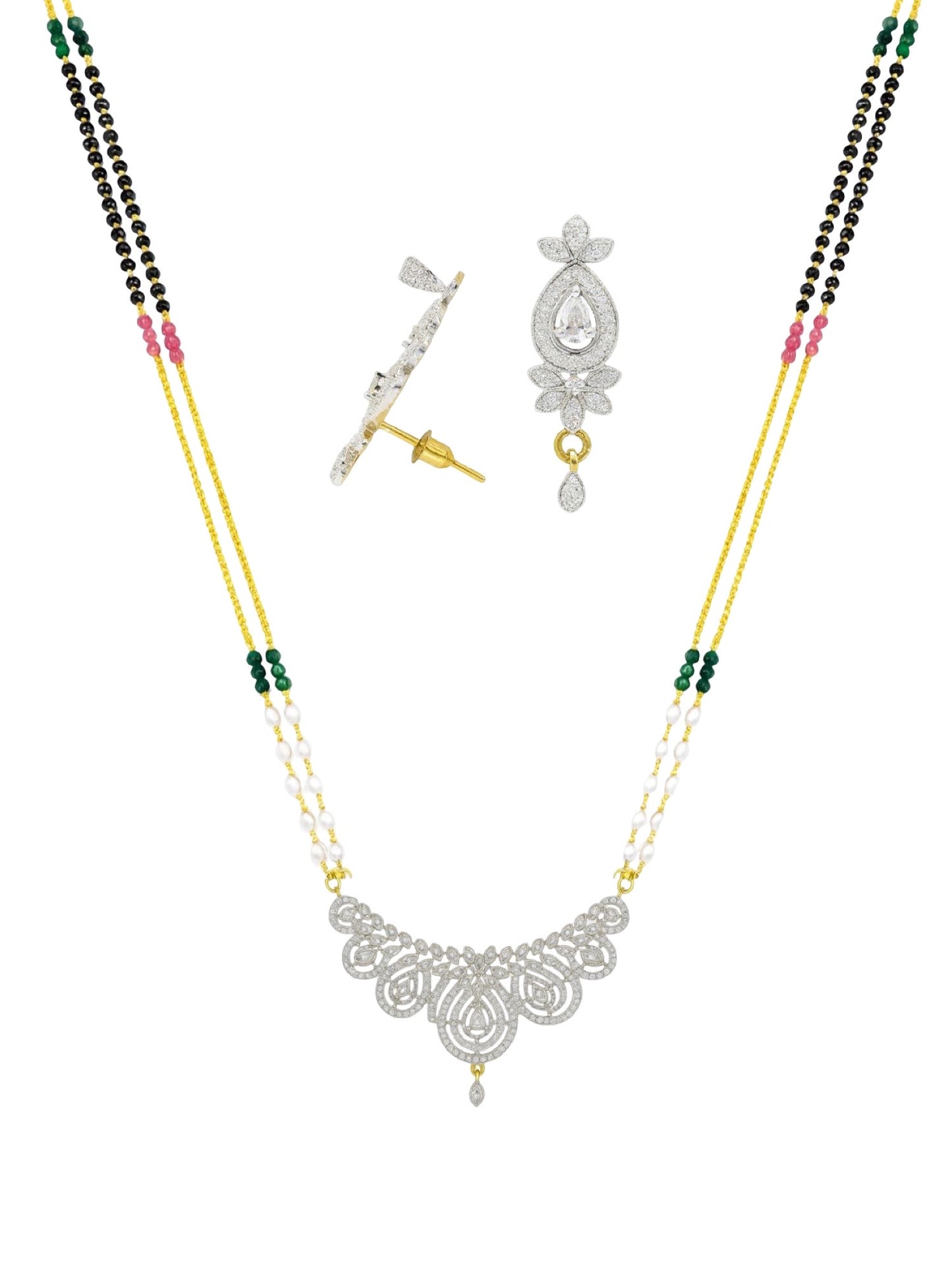 American Diamond Leaf Pendant Long Mangalsutra Set
