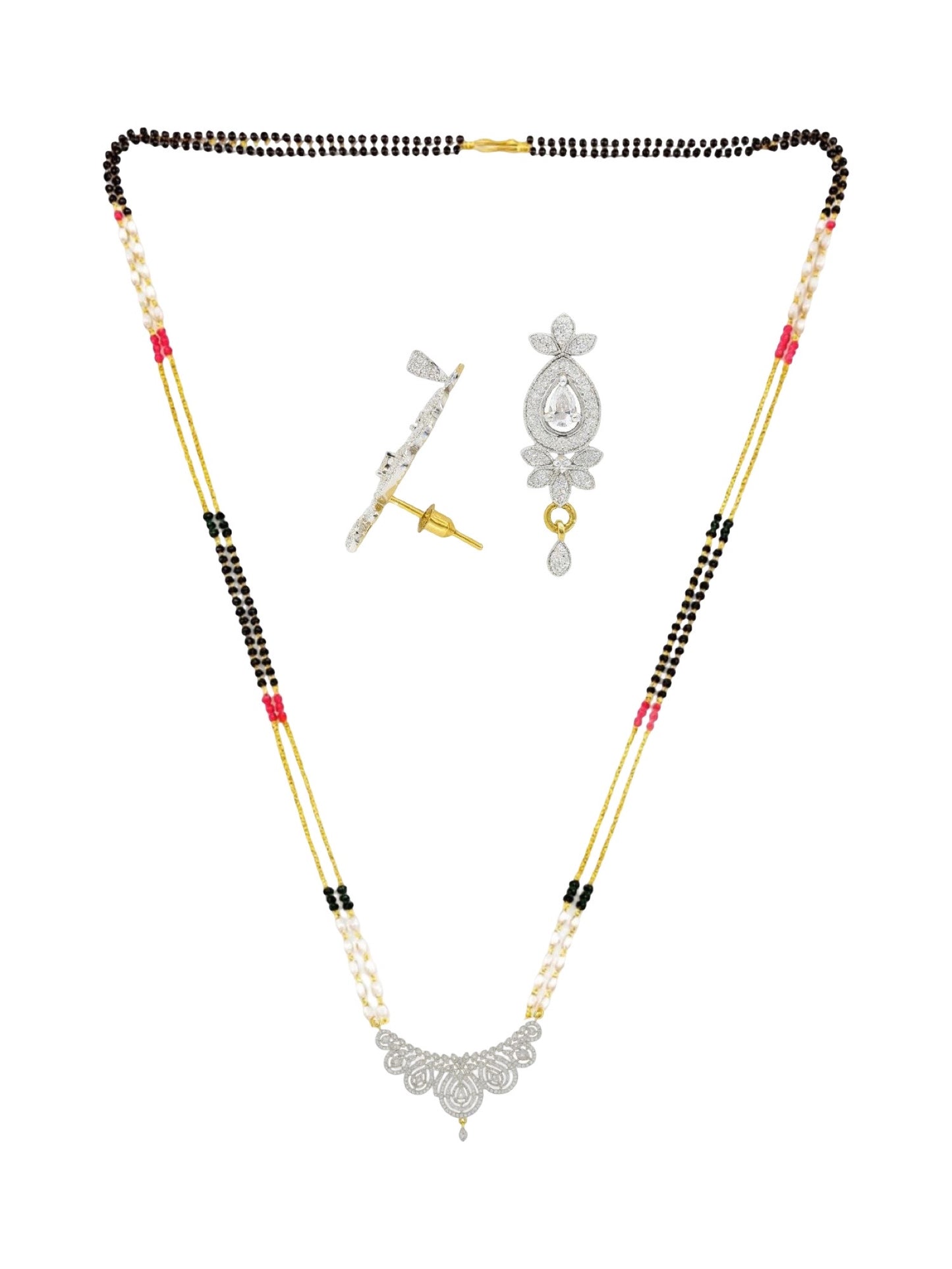 American Diamond Leaf Pendant Long Mangalsutra Set