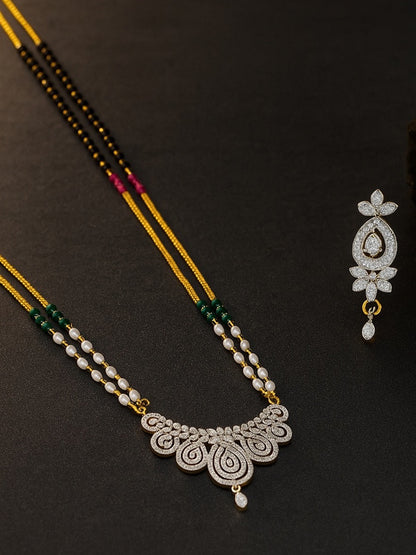 American Diamond Leaf Pendant Long Mangalsutra Set