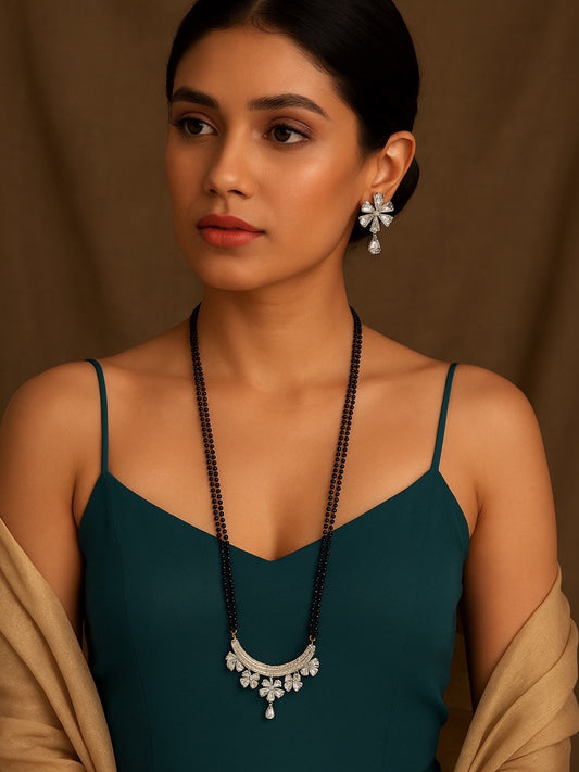 American Diamond Flower Pendant Long Mangalsutra Set