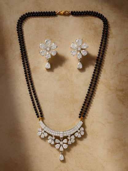 American Diamond Flower Pendant Long Mangalsutra Set