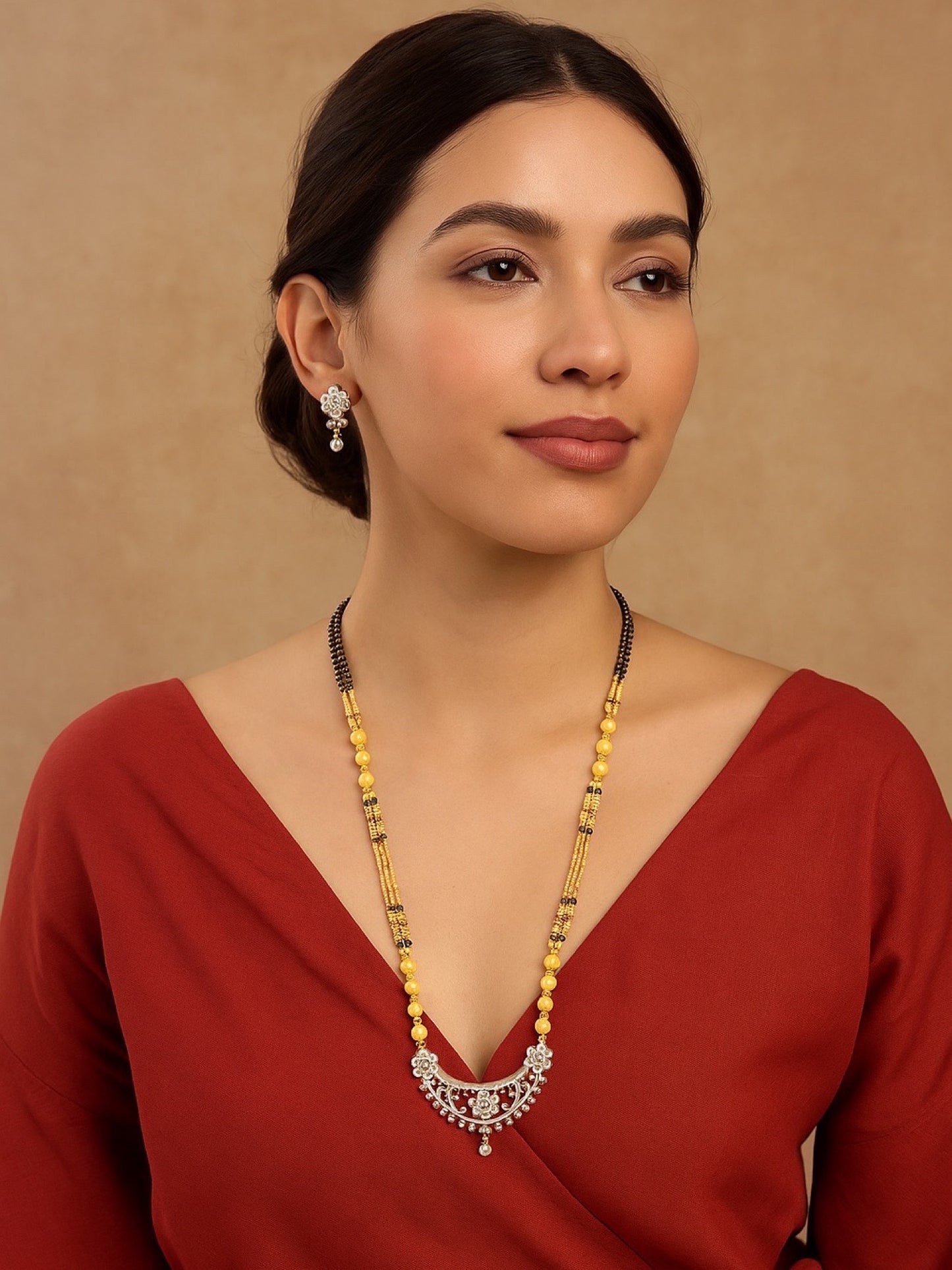 American Diamond Flower/Leaf Pendant Long Mangalsutra Set