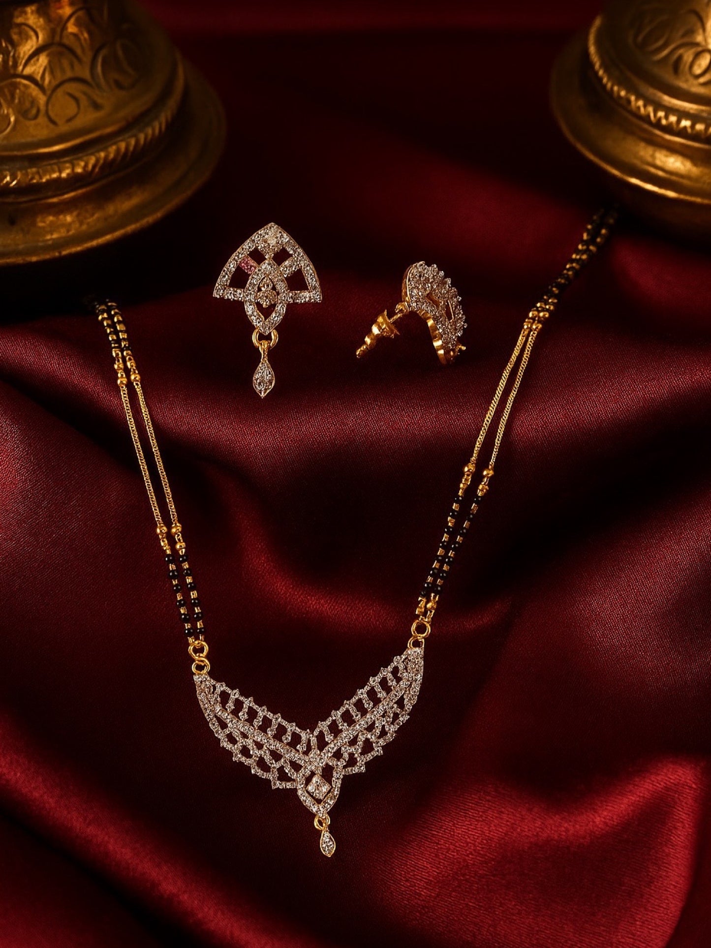 American Diamond V Shape Pendant Long Mangalsutra Set
