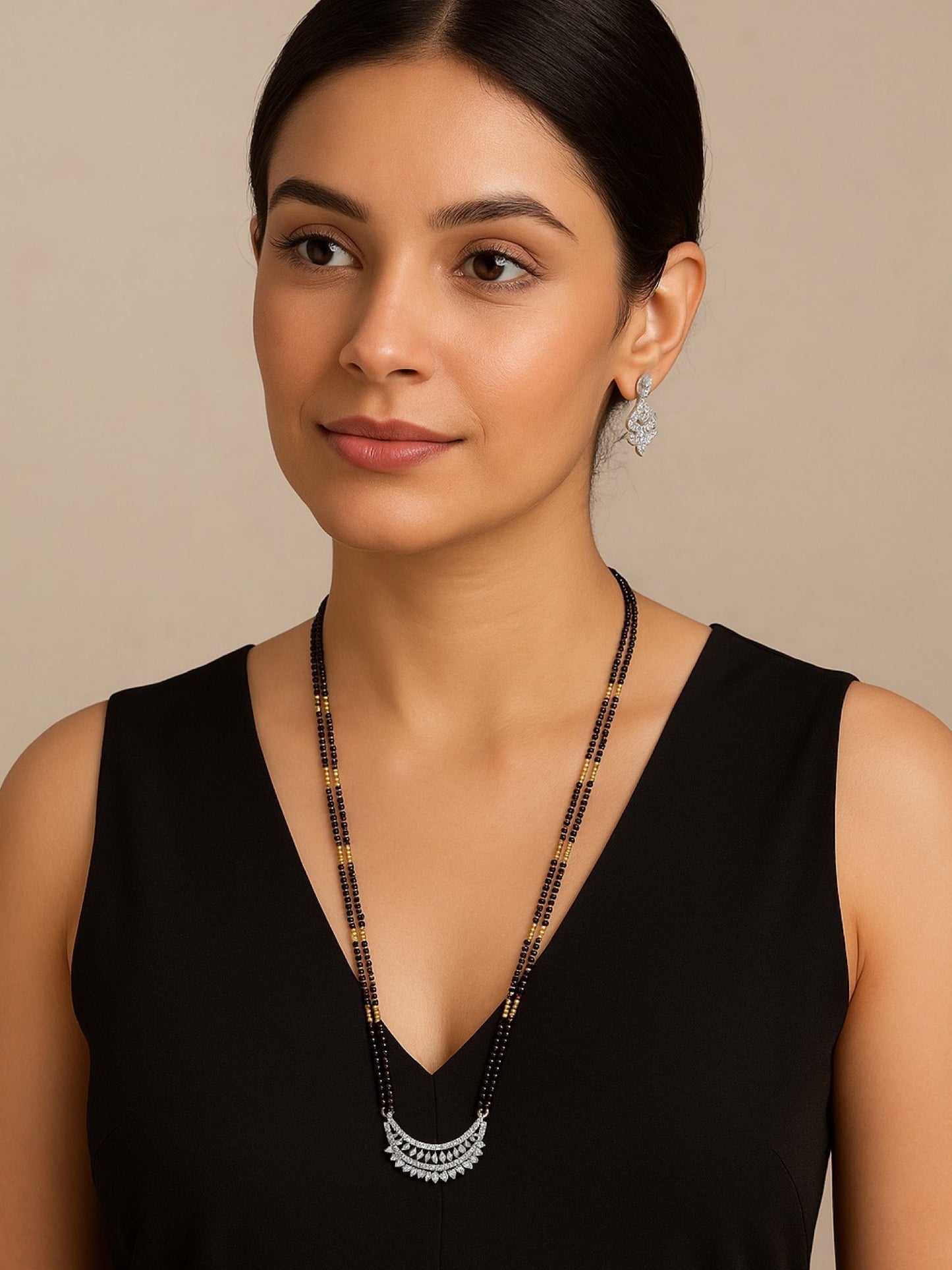 American Diamond Half Round Pendant Long Mangalsutra Set