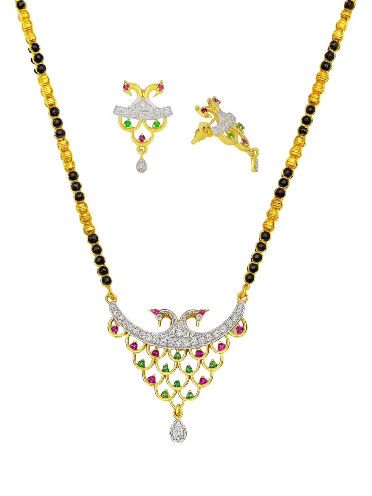 American Diamond Peacock Pendant Long Mangalsutra Set