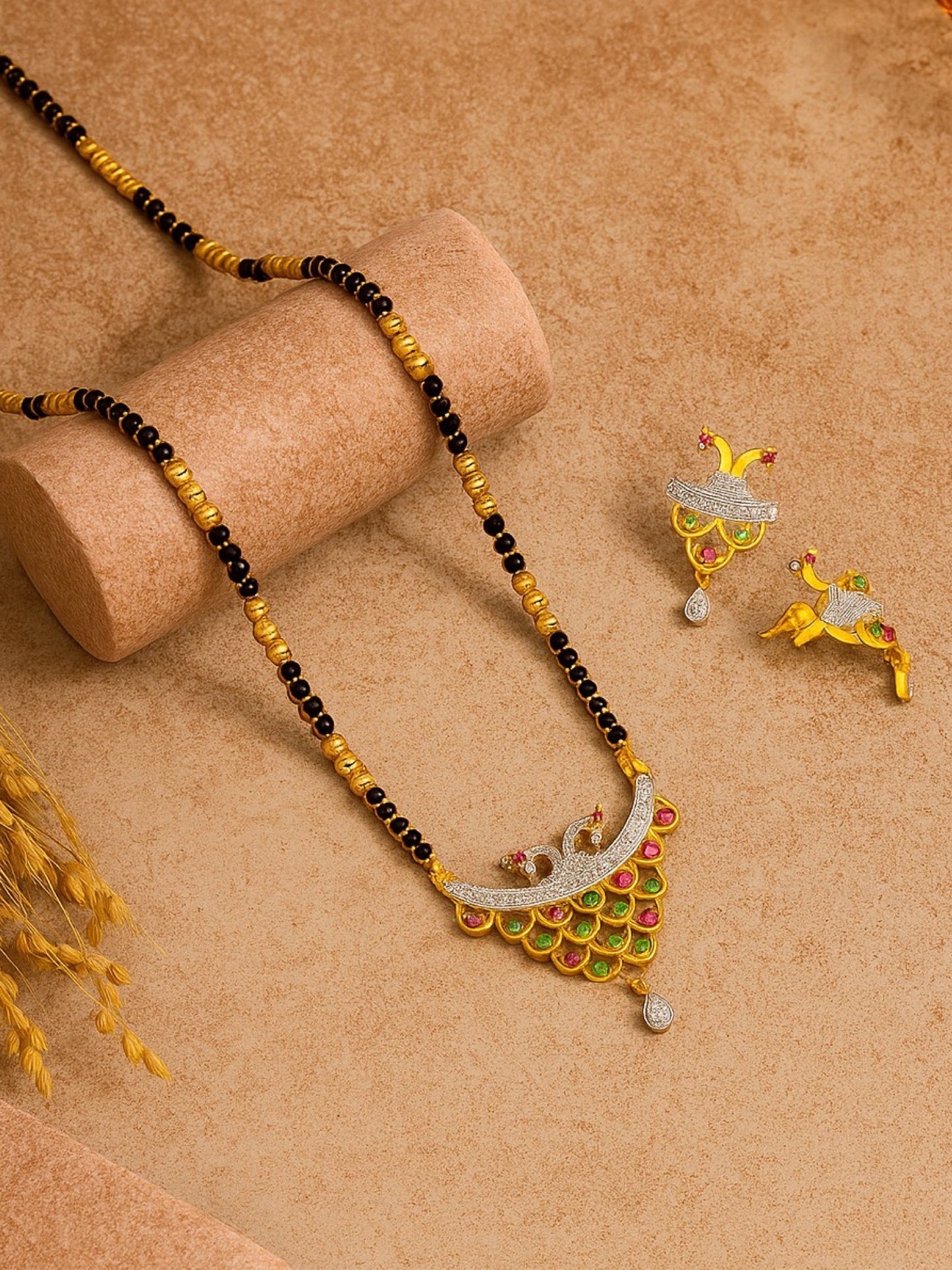 American Diamond Peacock Pendant Long Mangalsutra Set