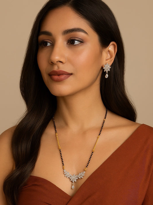 American Diamond Flower Pendant Short Mangalsutra Set
