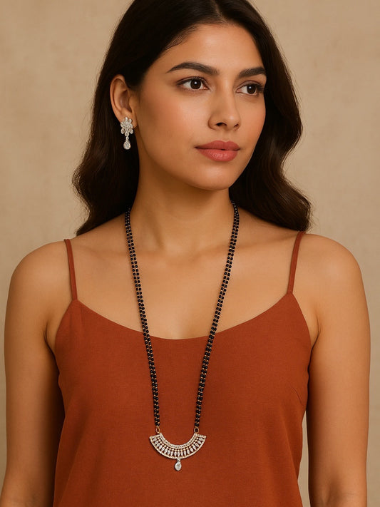 American Diamond Half Round Pendant Long Mangalsutra Set