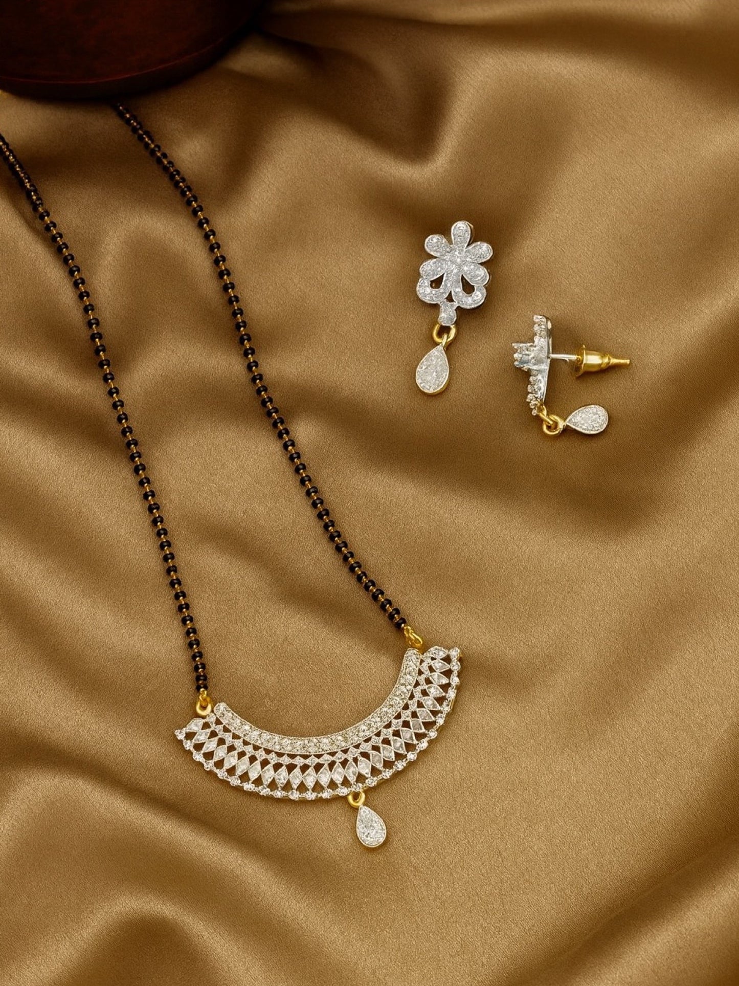 American Diamond Half Round Pendant Long Mangalsutra Set