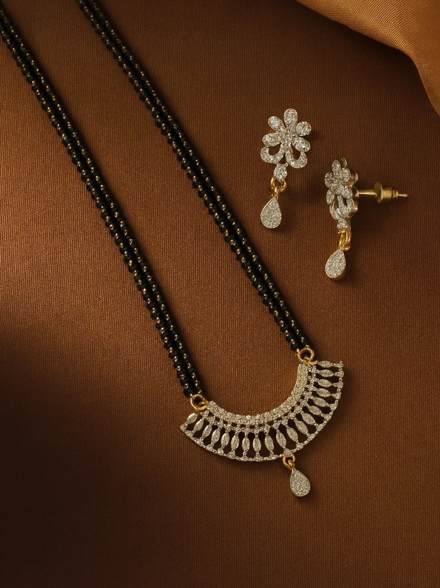 American Diamond Half Round Pendant Long Mangalsutra Set