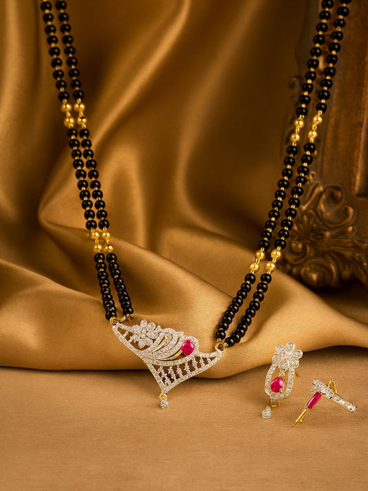 American Diamond Flower/Red Stone Pendant Long Mangalsutra Set