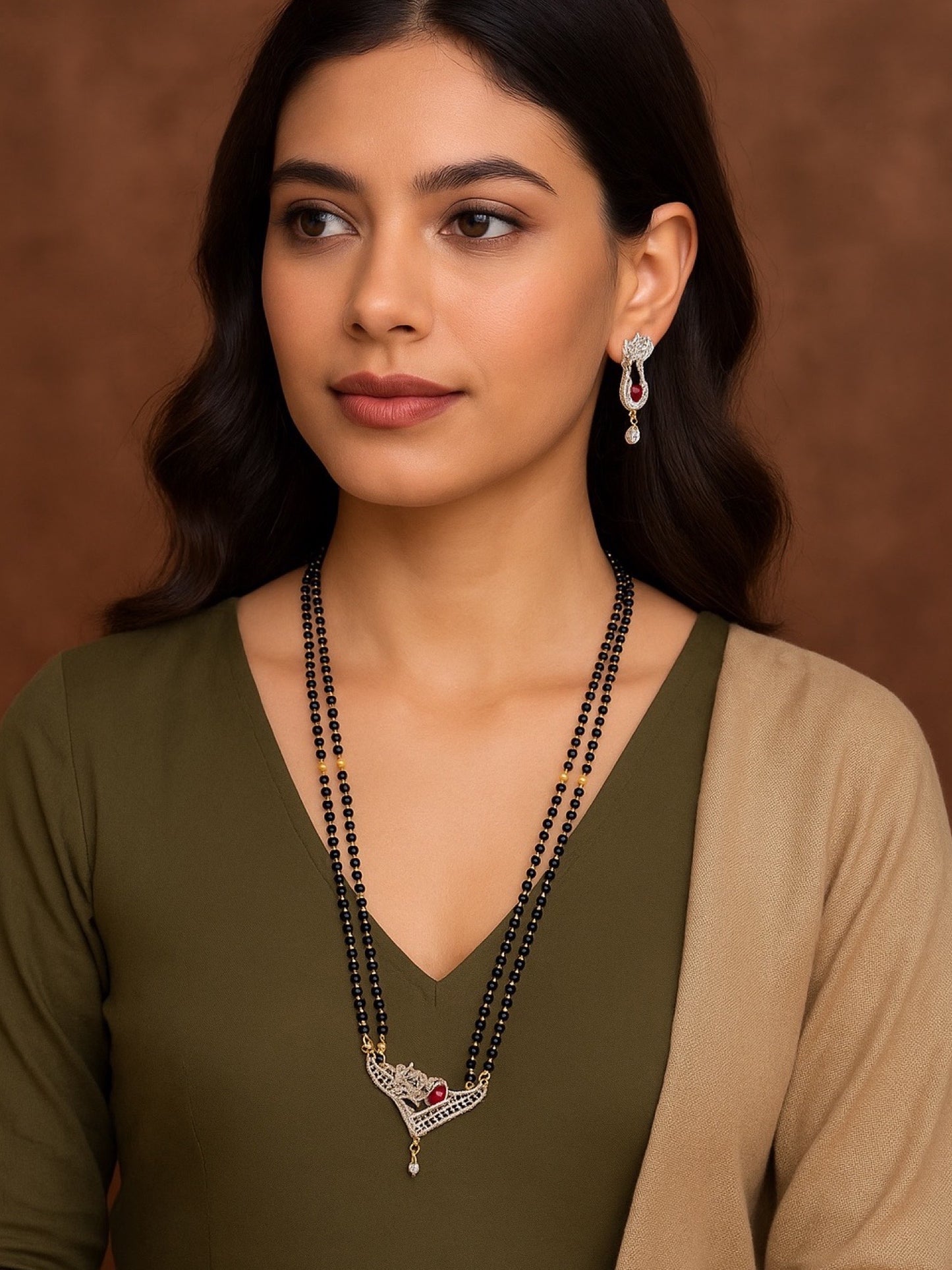 American Diamond Flower/Red Stone Pendant Long Mangalsutra Set