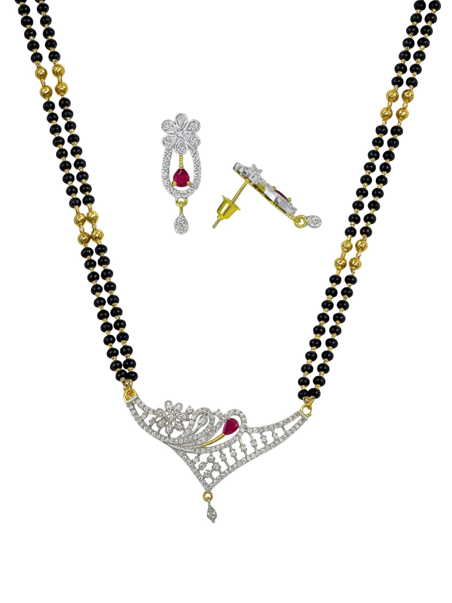 American Diamond Flower/Red Stone Pendant Long Mangalsutra Set