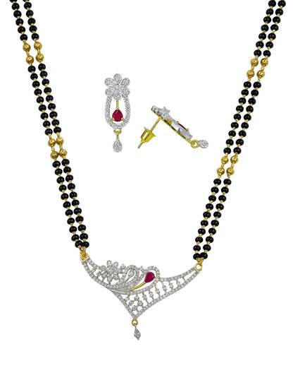 American Diamond Flower/Red Stone Pendant Long Mangalsutra Set