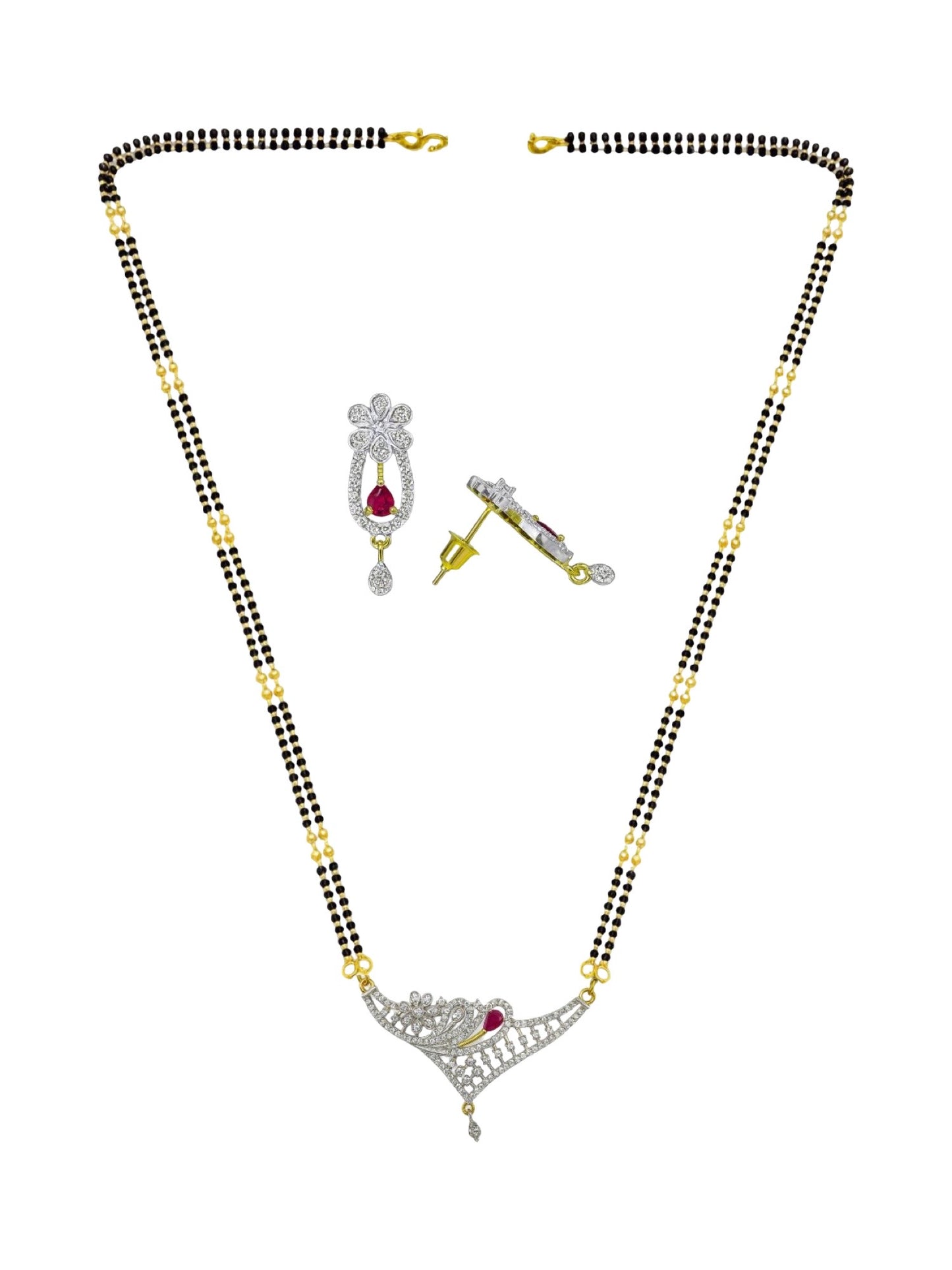 American Diamond Flower/Red Stone Pendant Long Mangalsutra Set