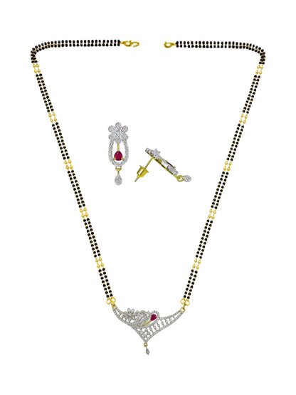 American Diamond Flower/Red Stone Pendant Long Mangalsutra Set