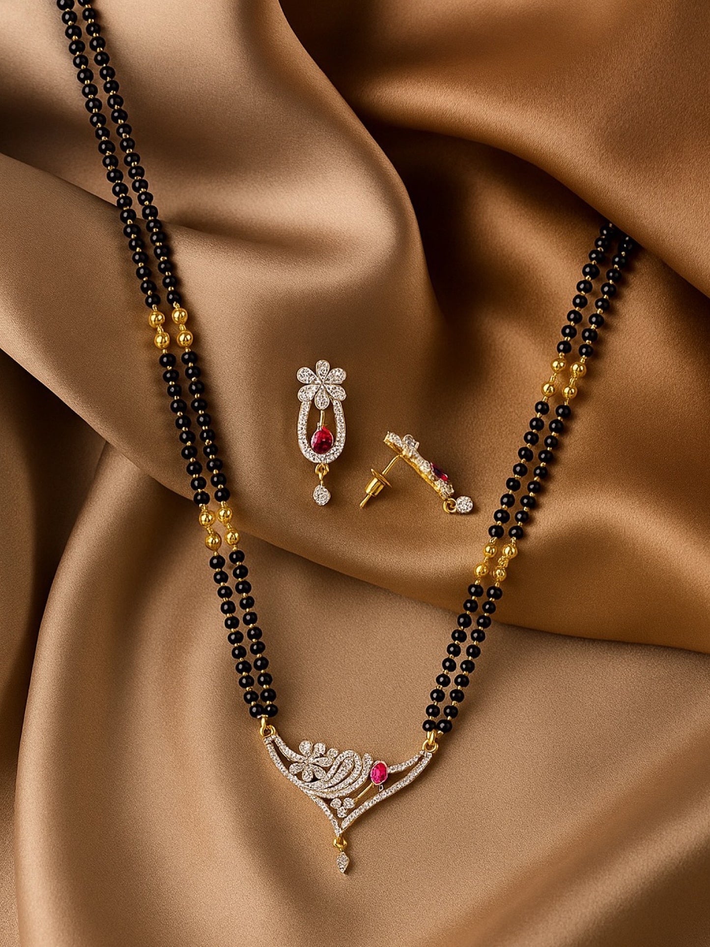 American Diamond Flower/Red Stone Pendant Long Mangalsutra Set