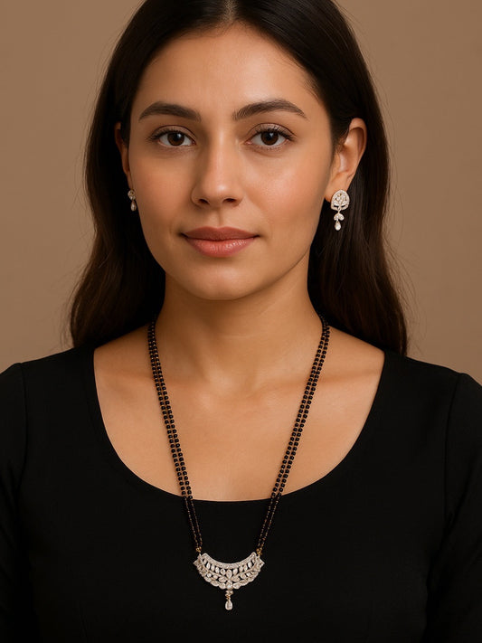 American Diamond Leaf Pendant Long Mangalsutra Set