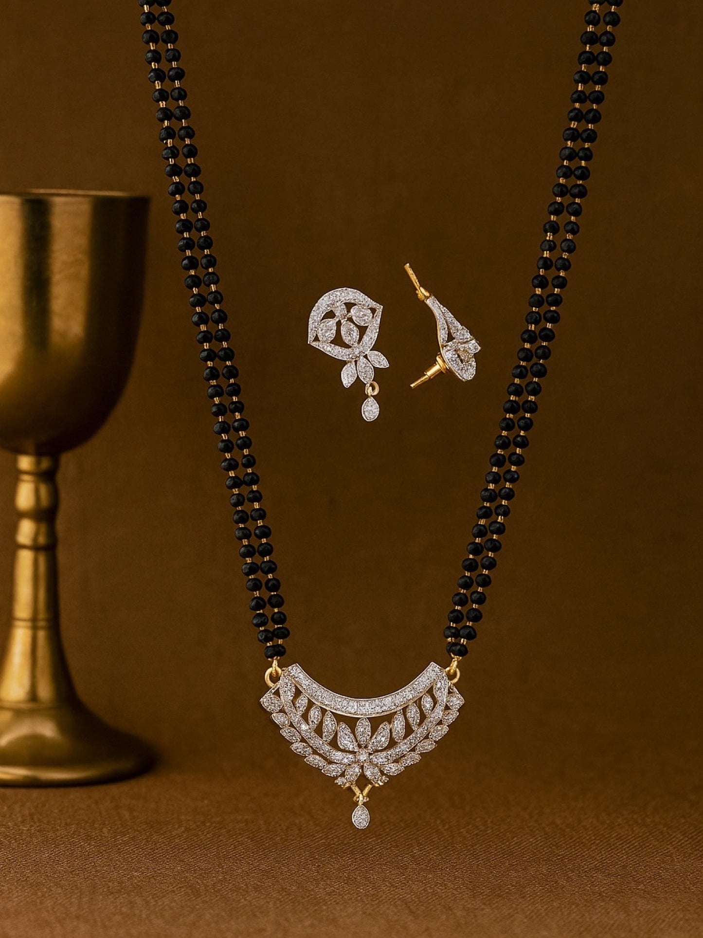 American Diamond Leaf Pendant Long Mangalsutra Set